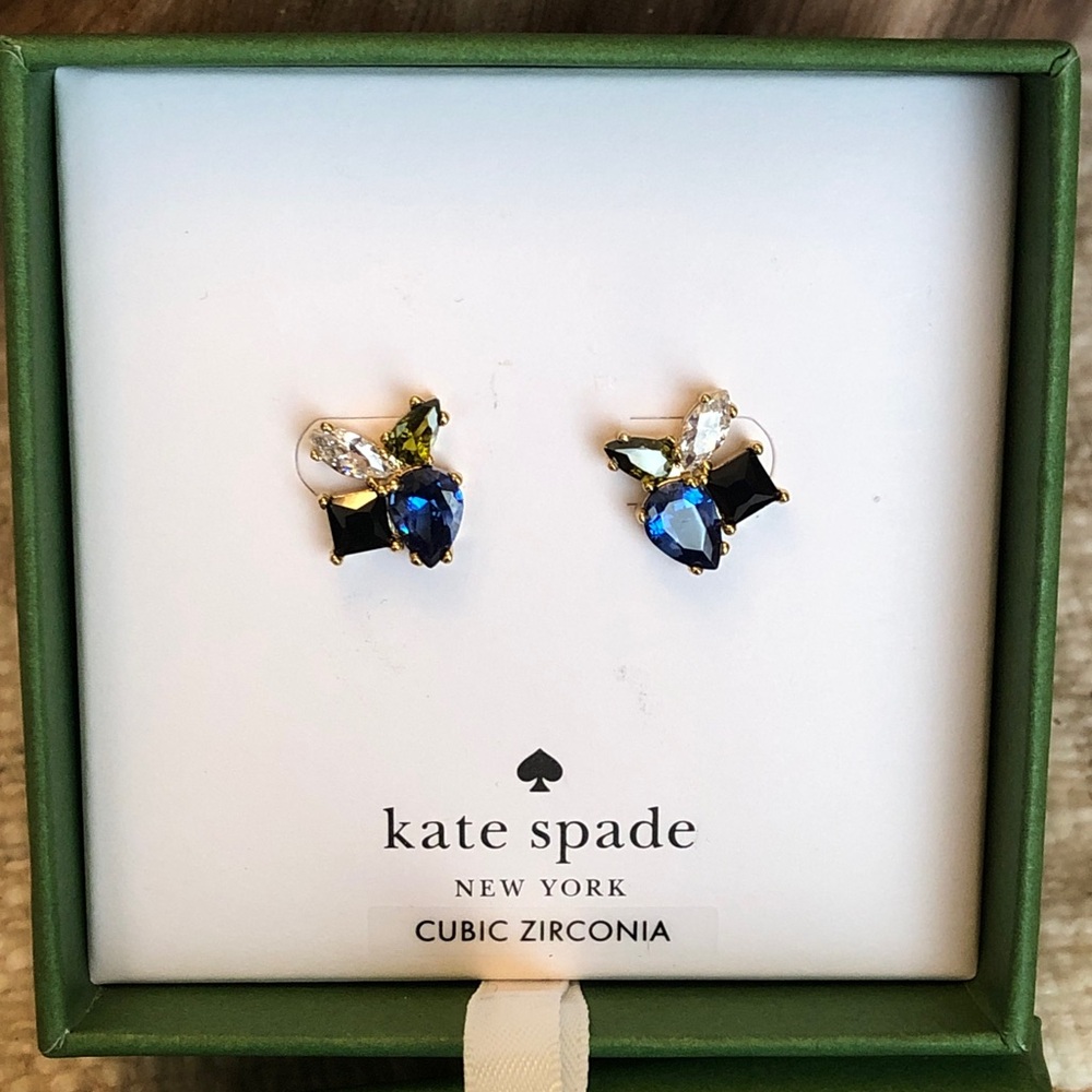 Kate Spade Gold Tone Flying Colors Blue Multi CZ Cluster Stud Earrings NWT & Box